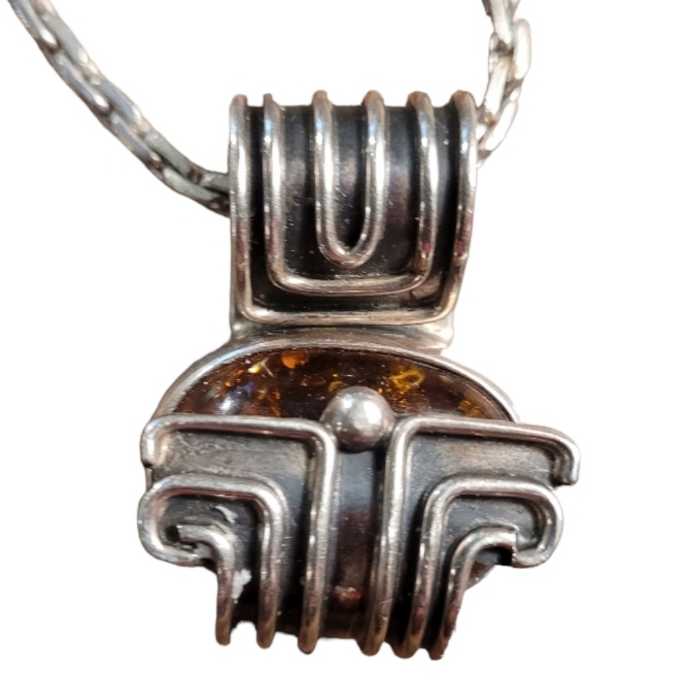 Sterling silver 925 amber unique Modernist tribal pendant enhancer +  chain